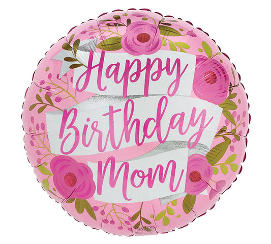 Happy Birthday Mom pink flowers foil balloon